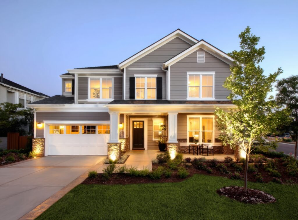 Beautiful Two-Story House with Exterior Lighting