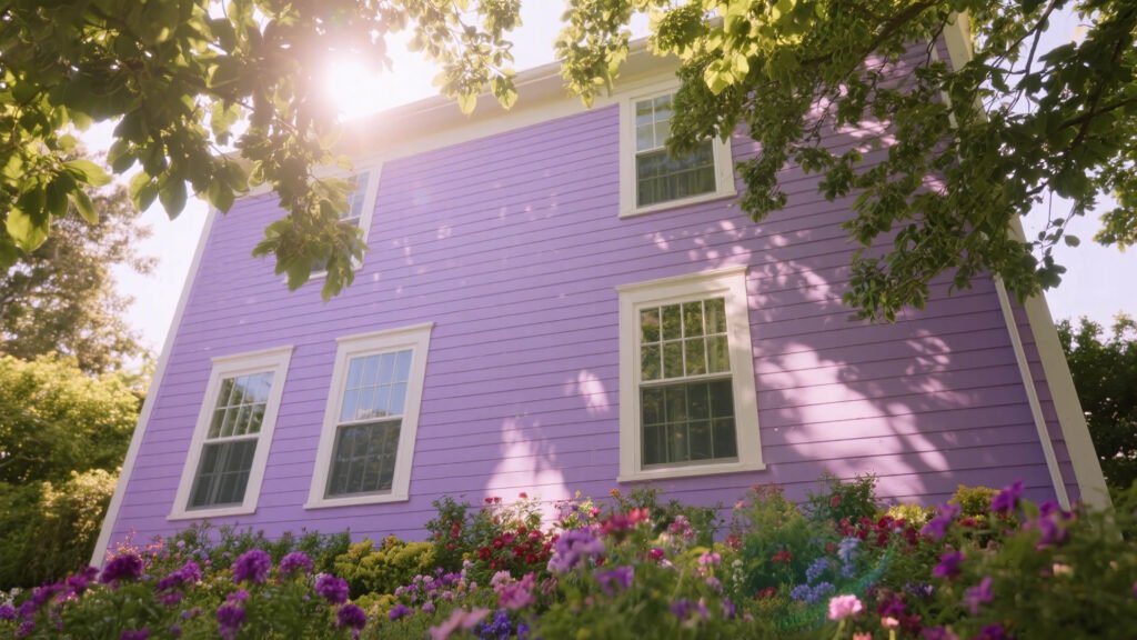 A charming purple house with a beautiful garden on a sunny day