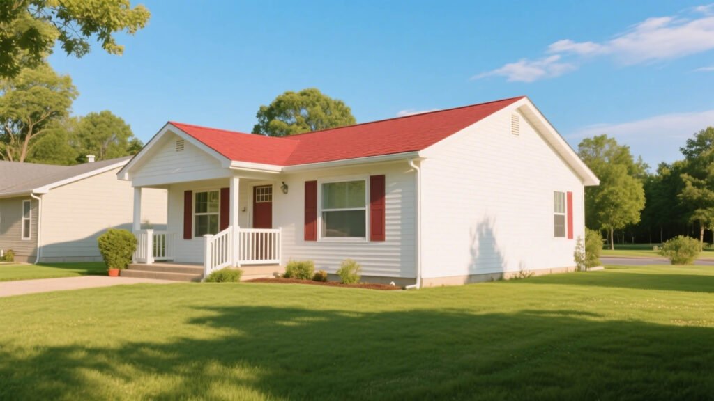 A charming ranch style house with a red roof and a well-maintained lawn