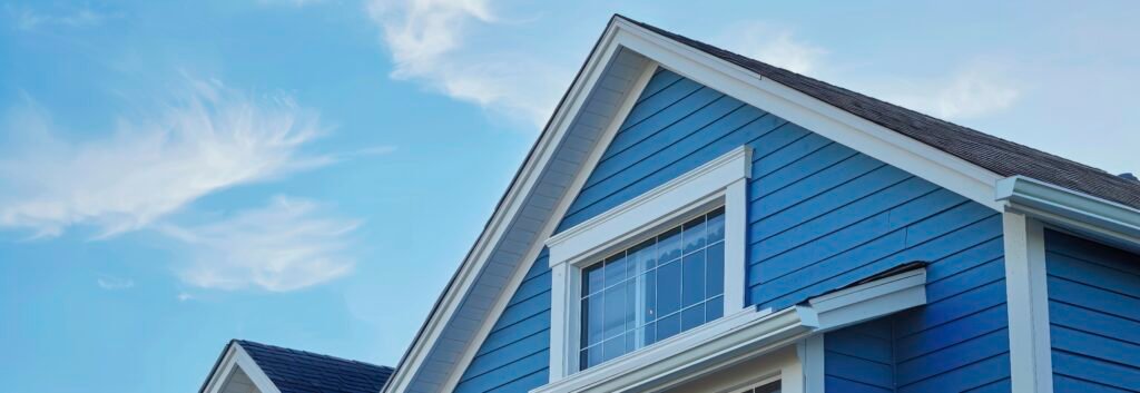 The top roof and gable on a blue house with white trim, against a blue sky background.